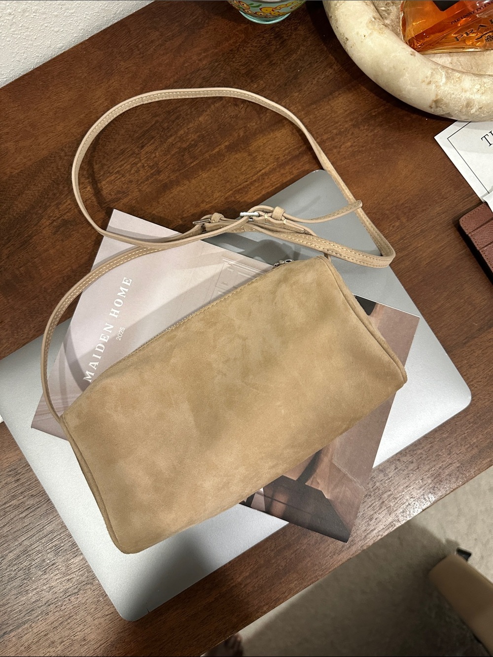 Suede Crossbody Bag in Beige - Minimal Women’s Shoulder Bag